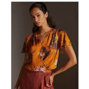 TINY Anthropologie Blouse Womens Sz Large Floral Short Sleeve Romantic Boho